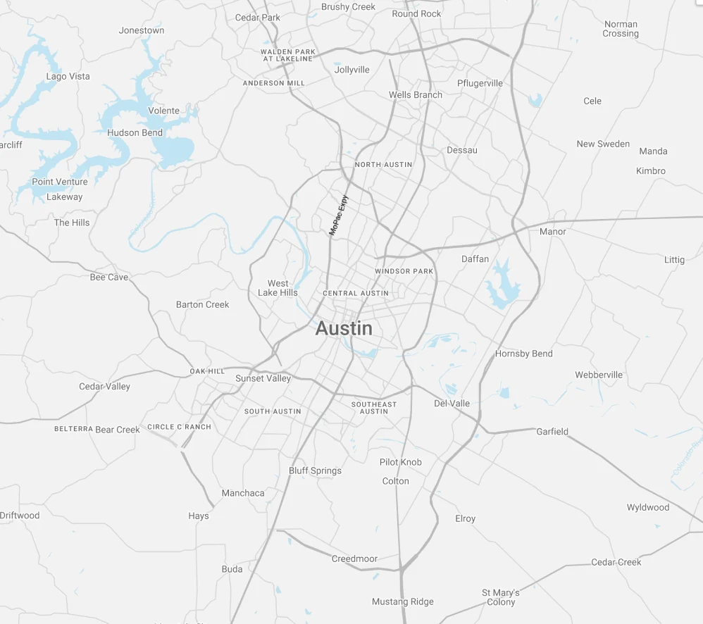 Map of Austin and surrounding areas, On the House Roof Co.'s service area.