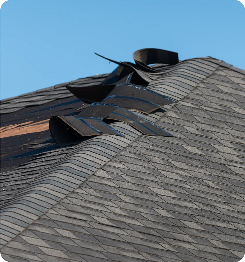 Close-up of an in-progress roof repair project in Austin.